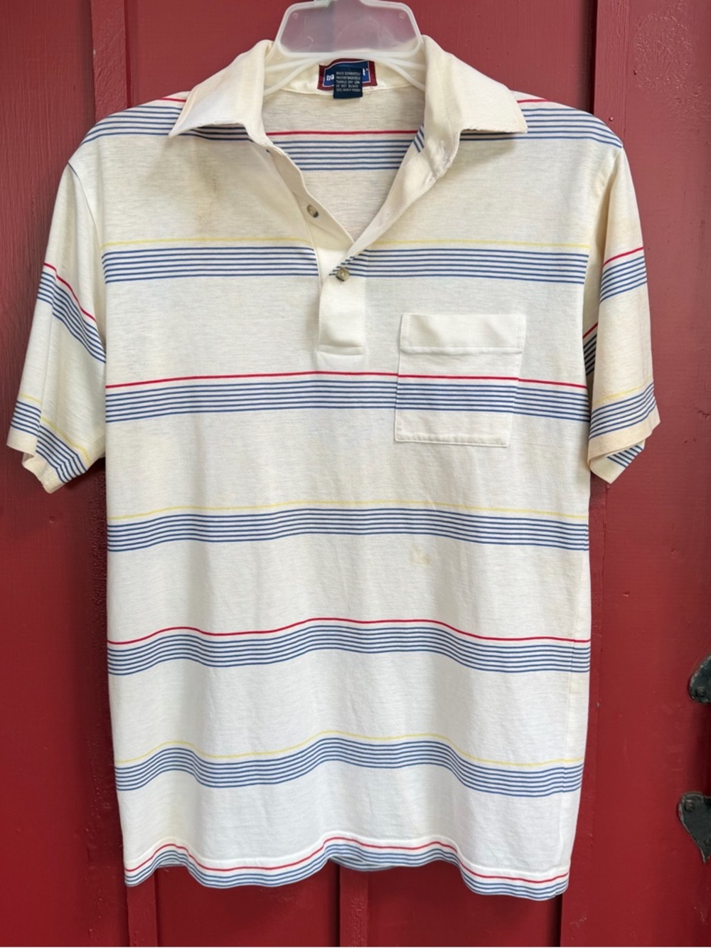 Vintage 60’s Classic Striped Polo Shirt - Cream with Blue & Red Stripes